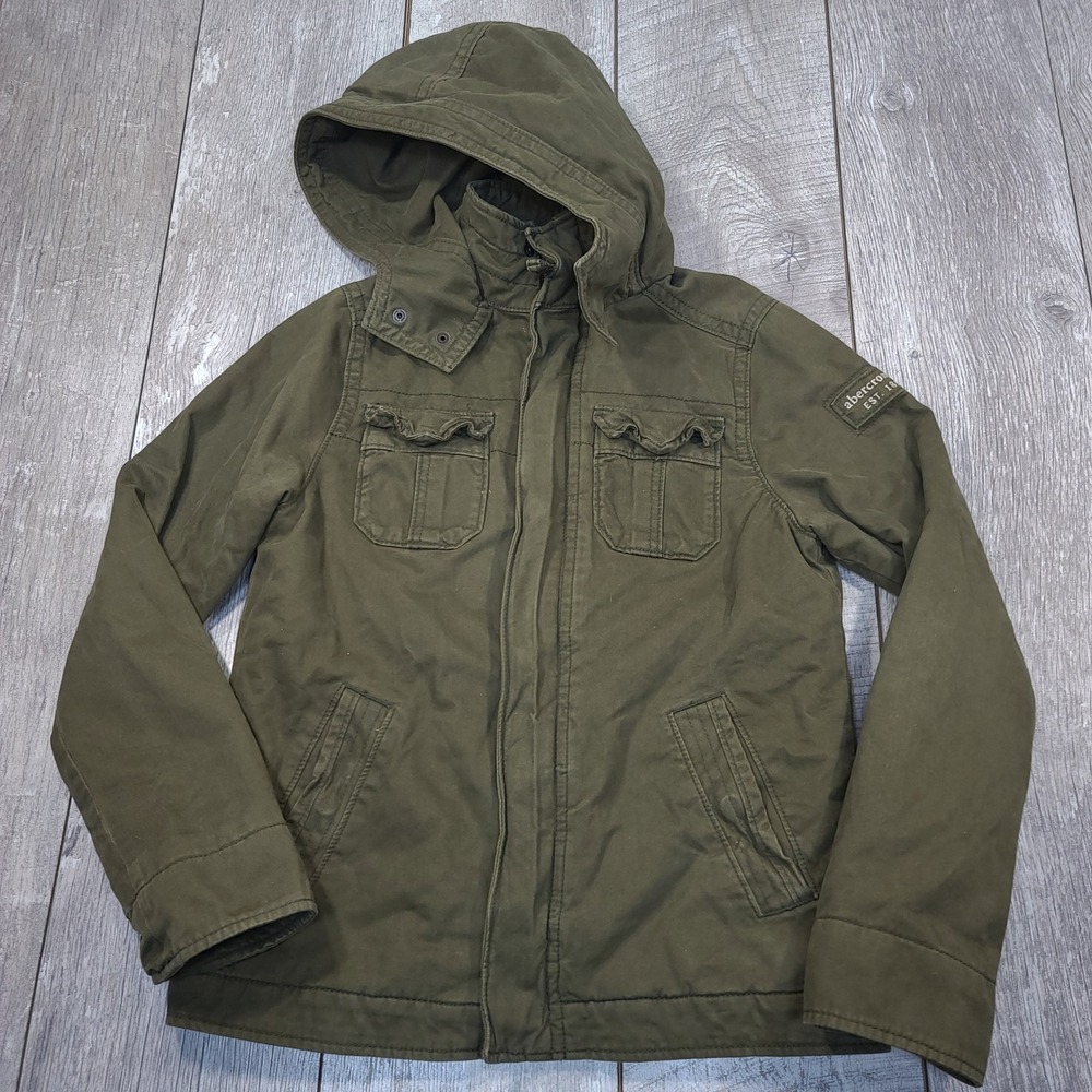 Abercrombie & Fitch Woven Jacket Boys XL Olive Green Hooded Field Utility Coat